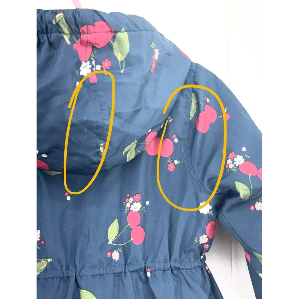 OshKosh Bgosh Girls Navy Blue Cherry Print Hooded Puffer Jacket Fleece Lined 12M